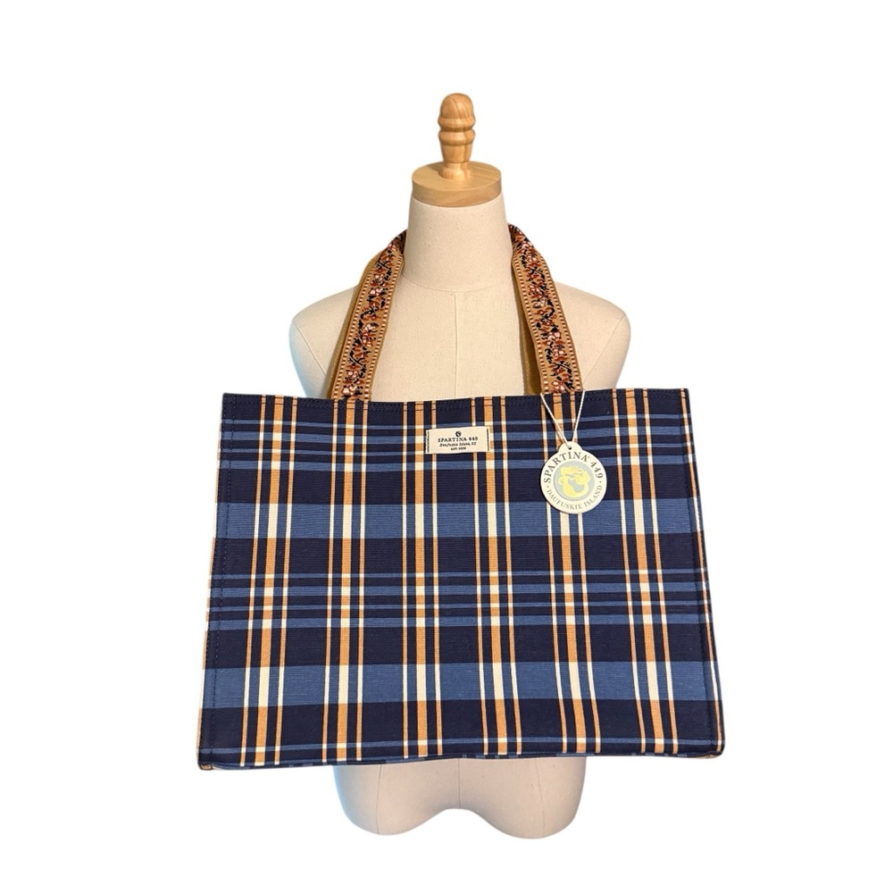 NWT Spartina 449 Navy Kalalanta Plaid Shopper Tote